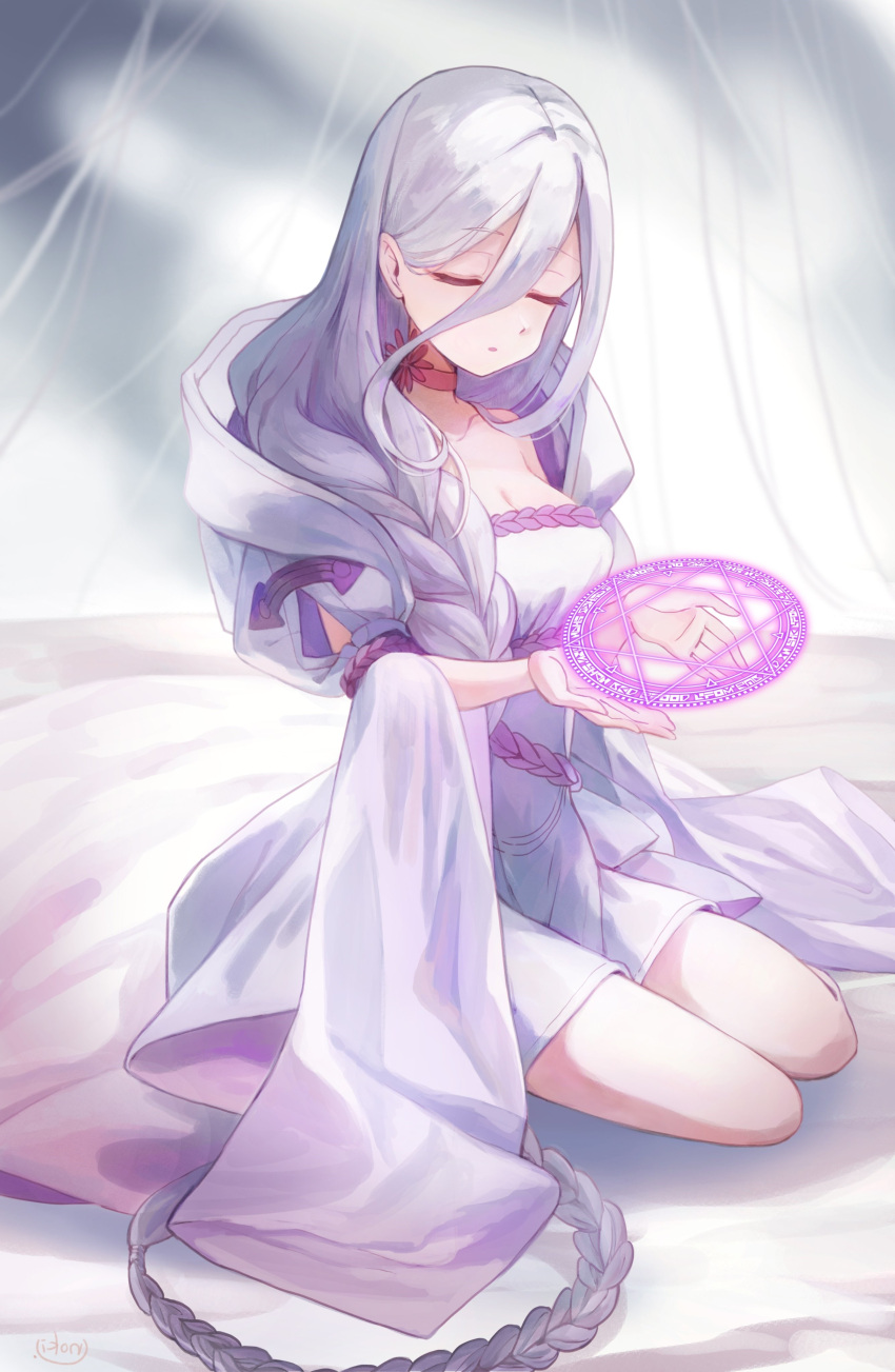 1girl :o absurdres choker closed_eyes closed_mouth dress highres ka kumo_desu_ga_nani_ka? long_hair magic magic_circle non-web_source on_bed open_mouth shiraori sitting solo very_long_hair white_dress white_hair