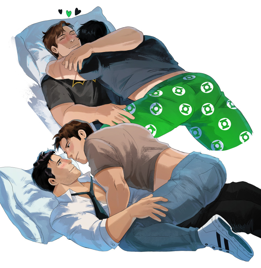 2boys absurdres ass bara batman_(series) black_hair black_pants black_shirt blush brown_hair brown_shirt bruce_wayne closed_eyes closed_mouth collared_shirt couple dc_comics green_lantern_(series) green_pants hal_jordan haljordanmylove highres hug looking_at_another male_focus multiple_boys muscular muscular_male necktie pants pillow shirt short_hair simple_background sitting sitting_on_person smile white_background white_shirt yaoi