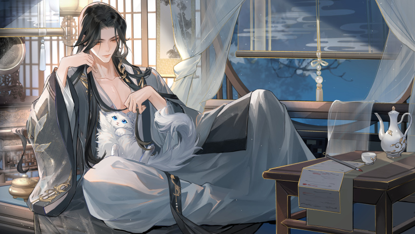 1boy absurdres animal_on_lap architecture black_hair calligraphy_brush cat chinese_clothes closed_mouth cup curtains east_asian_architecture egasumi elbow_rest feet_out_of_frame flower grey_jacket guaisanmu hanfu hanging_scroll highres hua_yi_shanxin_zhiyue incense incense_burner jacket knee_up light_particles long_hair looking_at_animal looking_down male_focus night on_lap open_clothes open_jacket orange_eyes paintbrush paper parted_bangs pectoral_cleavage pectorals robe scroll sitting solo table teapot transparent_curtains tree white_flower white_robe window xuan_wangjun