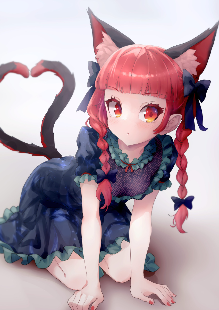 1girl absurdres animal_ear_fluff animal_ears blunt_bangs blush braid cat_ears cat_tail dress extra_ears eyelashes frills gradient_background green_dress highres ikamagu kaenbyou_rin looking_at_viewer multiple_tails official_alternate_costume on_floor puffy_short_sleeves puffy_sleeves red_eyes red_hair red_nails short_sleeves simple_background solo tail touhou twin_braids two_tails unfinished_dream_of_all_living_ghost