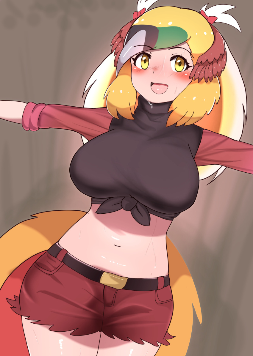 1girl absurdres belt bird_girl bird_tail bird_wings black_hair black_shirt blonde_hair blush bow breasts crop_top greater_bird-of-paradise_(kemono_friends) green_hair head_wings highres kemono_friends kemono_friends_3 large_breasts long_hair looking_at_viewer midriff multicolored_hair navel open_mouth red_shirt red_skirt sani shirt skirt solo sweat tail wings yellow_eyes