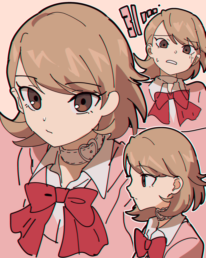 1girl absurdres bow bowtie brown_eyes cardigan choker collared_shirt expressionless highres light_brown_hair looking_at_viewer multiple_views nzeneee persona persona_3 pink_cardigan profile red_bow red_bowtie shirt sketch sweatdrop takeba_yukari