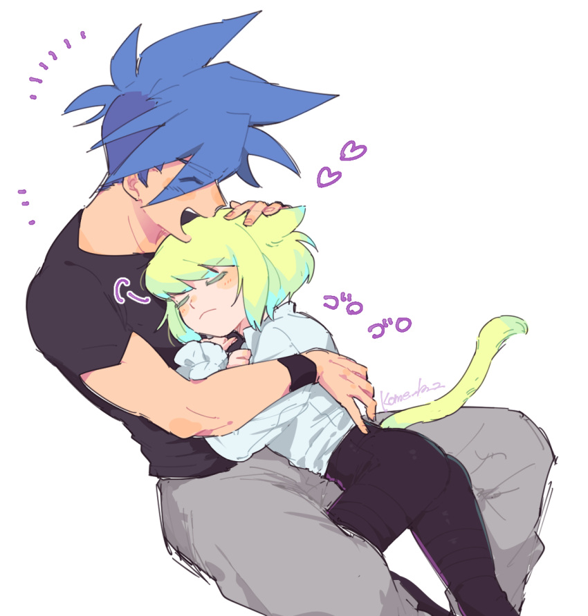 2boys :&lt; androgynous animal_ears artist_name ass black_shirt blue_hair blush cat_boy cat_ears cat_tail closed_eyes collared_shirt commentary cropped_legs galo_thymos green_hair hand_on_another's_back hand_on_another's_head heart highres hug kome_1022 leather leather_pants lio_fotia long_sleeves male_focus mohawk multiple_boys open_mouth pants petting promare purring shirt short_hair sidelocks simple_background smile spiked_hair t-shirt tail tight_clothes translated white_background wrist_cuffs wristband yaoi