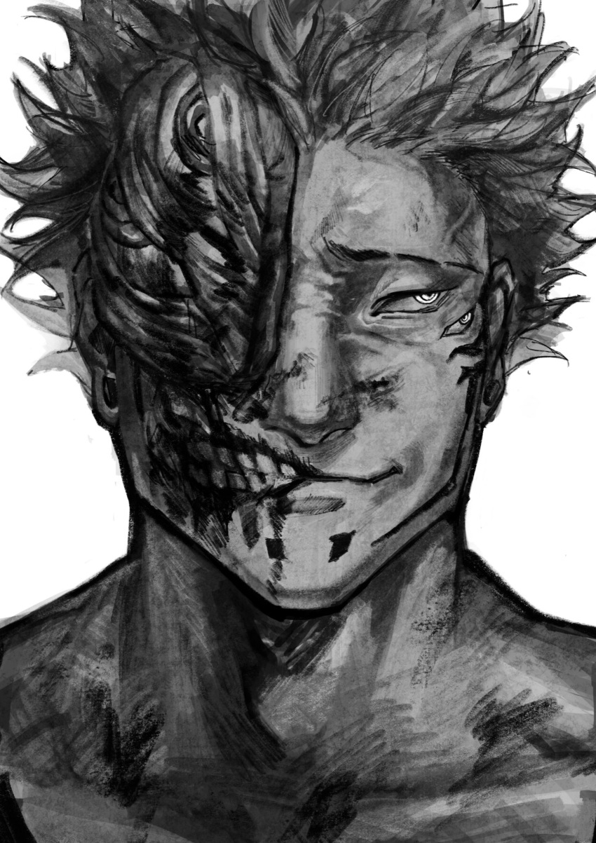 1boy blood blood_on_face closed_mouth extra_eyes greyscale grin highres jujutsu_kaisen male_focus monochrome portrait ryoumen_sukuna_(jujutsu_kaisen) ryoumen_sukuna_(jujutsu_kaisen)_(true_form) short_hair simple_background smile solo teeth wasabi_suk0