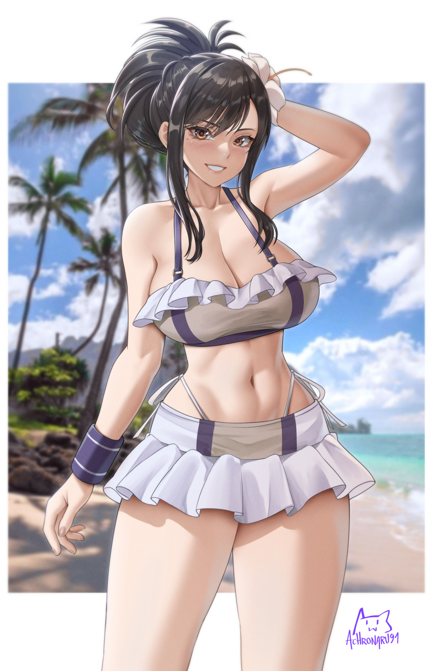 1girl absurdres achromaru arm_behind_head beach bikini bikini_skirt blurry blurry_background border breasts brown_eyes cleavage commentary cropped_legs english_commentary final_fantasy final_fantasy_vii final_fantasy_vii_rebirth final_fantasy_vii_remake flower frilled_bikini frills hair_flower hair_ornament highres large_breasts microskirt mixed-language_commentary official_alternate_costume official_alternate_hairstyle outside_border palm_tree skirt smile solo standing stomach swimsuit thighs tifa_lockhart toned tree white_border wristband