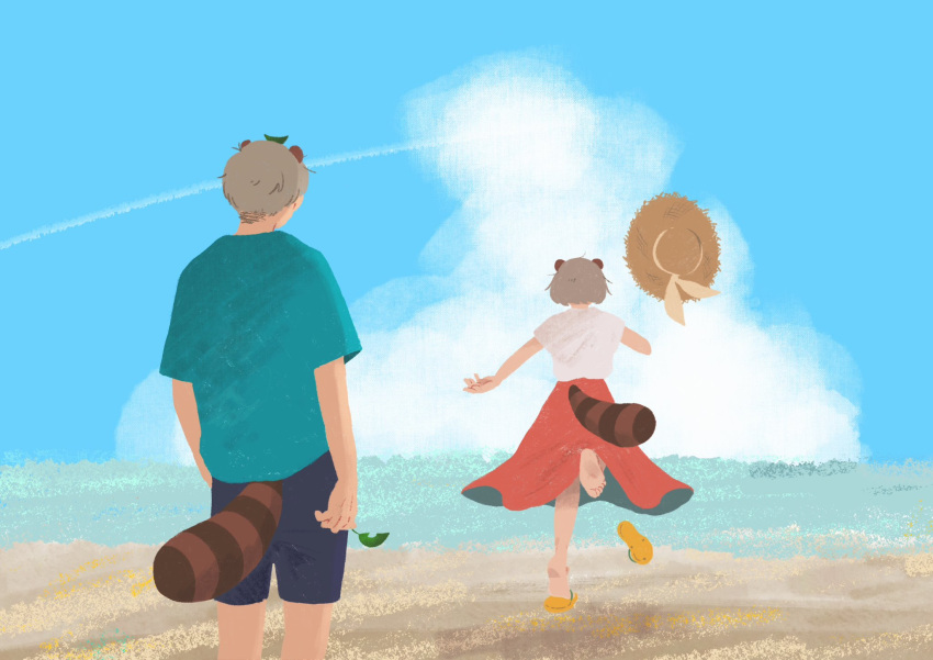1boy 1girl alternate_costume animal_ears anipoko arms_at_sides barefoot beach black_shorts blue_shirt blue_sky brother_and_sister brown_hair cloud contrail cumulonimbus_cloud day facing_another facing_away flip-flops floating_hat from_behind highres holding holding_leaf horizon leaf leaf_on_head long_skirt mode_aim momoco_(momco04) ocean outdoors ponpoko_(vtuber) raccoon_boy raccoon_ears raccoon_girl raccoon_tail red_skirt running sand sandals shirt shoes short_hair short_sleeves shorts siblings single_shoe skirt sky t-shirt tail virtual_youtuber white_shirt