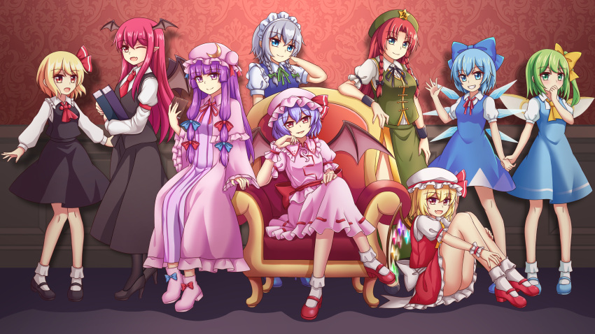6+girls :d ;d absurdres arm_rest armband armchair ascot back_bow bat_wings beret black_bow black_footwear black_pantyhose black_skirt black_vest blonde_hair blue_bow blue_dress blue_eyes blue_footwear blue_hair book book_stack bow braid capelet chair china_dress chinese_clothes cirno collared_shirt commentary_request covering_own_mouth crescent crescent_hat_ornament crystal daiyousei detached_wings dress dress_shirt elbow_rest embodiment_of_scarlet_devil fairy_wings flandre_scarlet frilled_dress frills full_body green_bow green_headwear green_skirt green_vest grey_hair hair_bow hair_ribbon hand_on_own_cheek hand_on_own_face hand_to_own_mouth hat hat_ornament head_wings high_heels high_side_ponytail highres holding holding_book holding_hands hong_meiling hugging_book hugging_object ice ice_wings izayoi_sakuya juliet_sleeves knees_together_feet_apart koakuma loafers long_hair long_sleeves looking_at_viewer mob_cap multiple_girls multiple_hair_bows necktie on_floor one_eye_closed pantyhose patchouli_knowledge piaoluo_de_ying_huaban pinafore_dress pink_footwear pink_shirt pink_skirt puffy_short_sleeves puffy_sleeves purple_capelet purple_dress purple_eyes purple_hair red_armband red_ascot red_bow red_eyes red_footwear red_hair red_necktie remilia_scarlet ribbon rumia shirt shoes short_hair short_sleeves side_ponytail sidelocks sitting skirt skirt_set sleeveless sleeveless_dress smile socks star_(symbol) star_hat_ornament striped_clothes striped_dress touhou tress_ribbon twin_braids vertical-striped_clothes vertical-striped_dress very_long_hair vest wallpaper_(object) white_bow white_socks wide_sleeves wings wrist_cuffs yellow_bow
