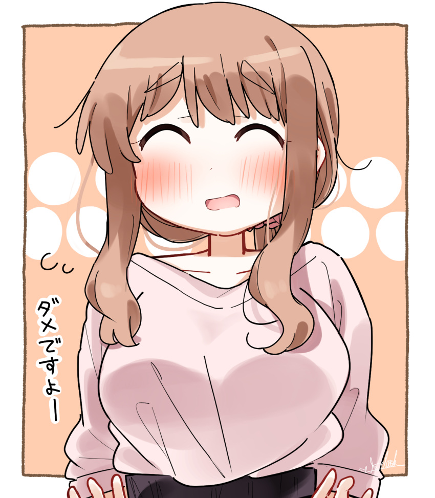 1girl blush breasts brown_background brown_hair closed_eyes collarbone commentary_request dash_b facing_viewer flying_sweatdrops highres long_hair long_sleeves matsumoto_yoriko medium_breasts open_mouth pink_sweater puffy_long_sleeves puffy_sleeves signature solo sweater translation_request two-tone_background upper_body white_background yuyushiki