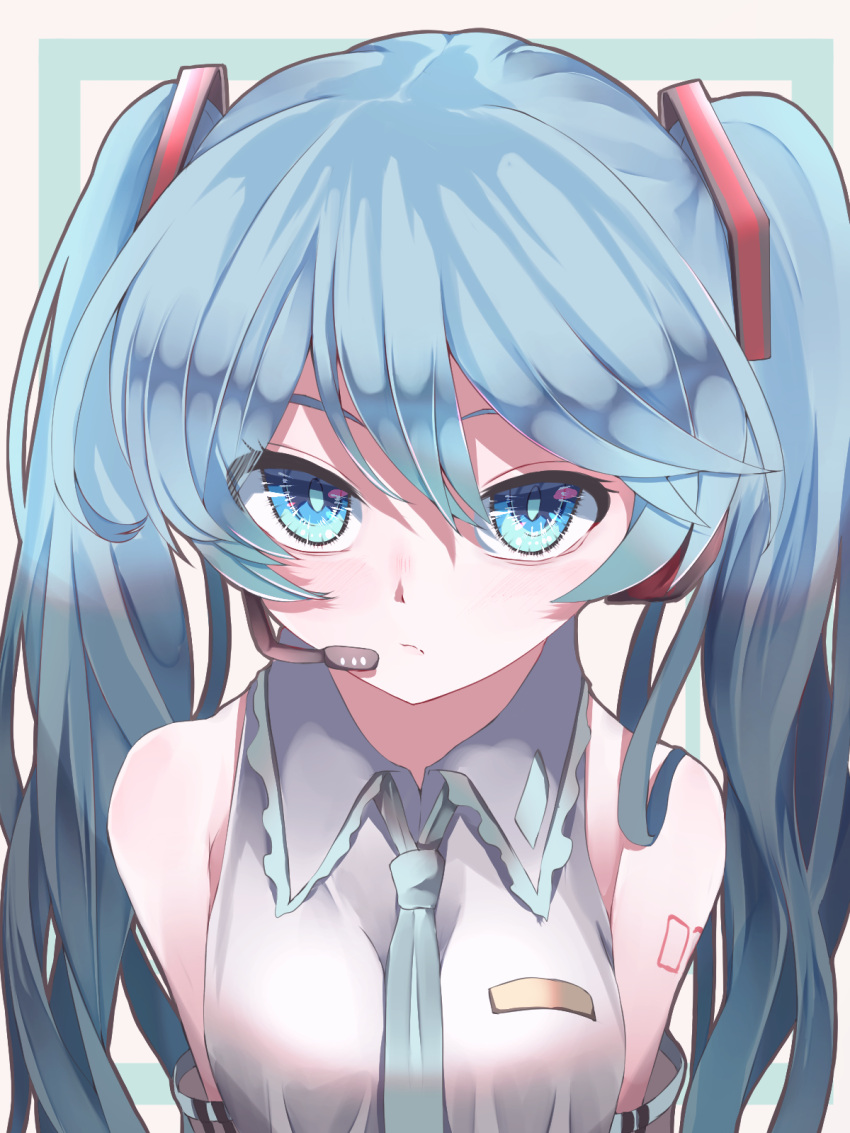 1girl aqua_necktie bare_shoulders blue_eyes blue_hair breasts close-up closed_mouth collared_shirt expressionless eyes_visible_through_hair from_above grey_shirt hair_between_eyes hair_ornament hatsune_miku highres long_hair looking_at_viewer medium_breasts microphone necktie shirt sleeveless sleeveless_shirt solo tsune_(tune) twintails upper_body vocaloid