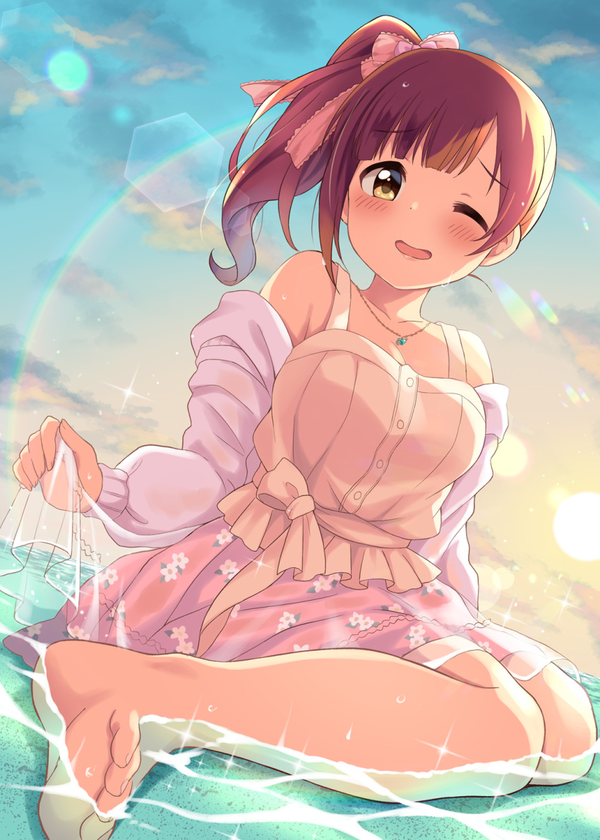 1girl bare_shoulders barefoot blush bow breasts brown_eyes brown_hair brown_shirt cleavage cloud collarbone dekosuke detached_sleeves dot_nose floral_print_skirt full_body gradient_sky hair_bow hair_ribbon hand_up highres holding holding_clothes holding_skirt idolmaster idolmaster_cinderella_girls idolmaster_cinderella_girls_starlight_stage igarashi_kyoko jewelry lens_flare long_hair long_sleeves looking_at_viewer medium_breasts necklace one_eye_closed open_mouth outdoors pink_ribbon pink_skirt purple_sleeves rainbow rainbow_gradient ribbon see-through see-through_skirt shirt side_ponytail sitting skirt sky sleeveless sleeveless_shirt smile soles solo sparkle star_(sky) sun sunset toes wariza wet