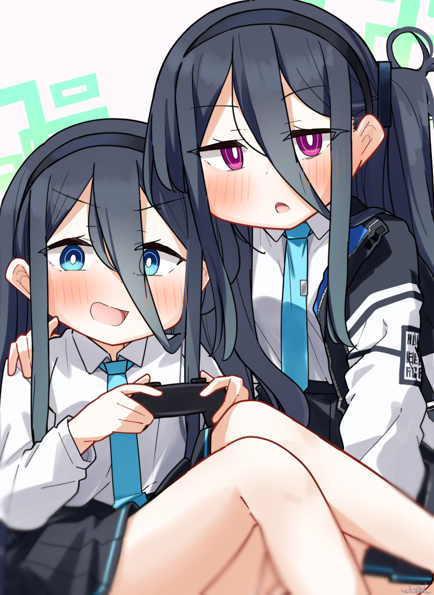 &lt;key&gt;_(blue_archive) 2girls :d aris_(blue_archive) black_hair black_hairband black_skirt blue_archive blue_eyes blue_necktie blush breasts collared_shirt commentary_request dash_b feet_out_of_frame grey_background hair_between_eyes hairband halo hand_on_another's_shoulder highres jacket knees_up long_hair long_sleeves multiple_girls necktie one_side_up open_clothes open_jacket pleated_skirt puffy_long_sleeves puffy_sleeves purple_eyes shirt signature simple_background sitting skirt small_breasts smile v-shaped_eyebrows very_long_hair white_jacket white_shirt