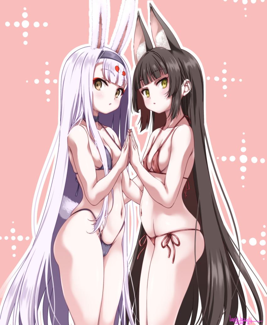 2girls alternate_costume animal_ears azur_lane bikini black_hair blue_bikini breasts brown_eyes cameltoe collarbone commentary covered_nipples cowboy_shot dated_commentary extra_ears fox_ears fox_girl green_eyes highleg highleg_bikini highres long_hair looking_at_viewer multiple_girls nagato_(azur_lane) navel parted_lips pink_background rabbit_ears rabbit_girl red_bikini shimakaze_(azur_lane) side-tie_bikini_bottom small_breasts swimsuit umyonge_(lkakeu) very_long_hair white_hair