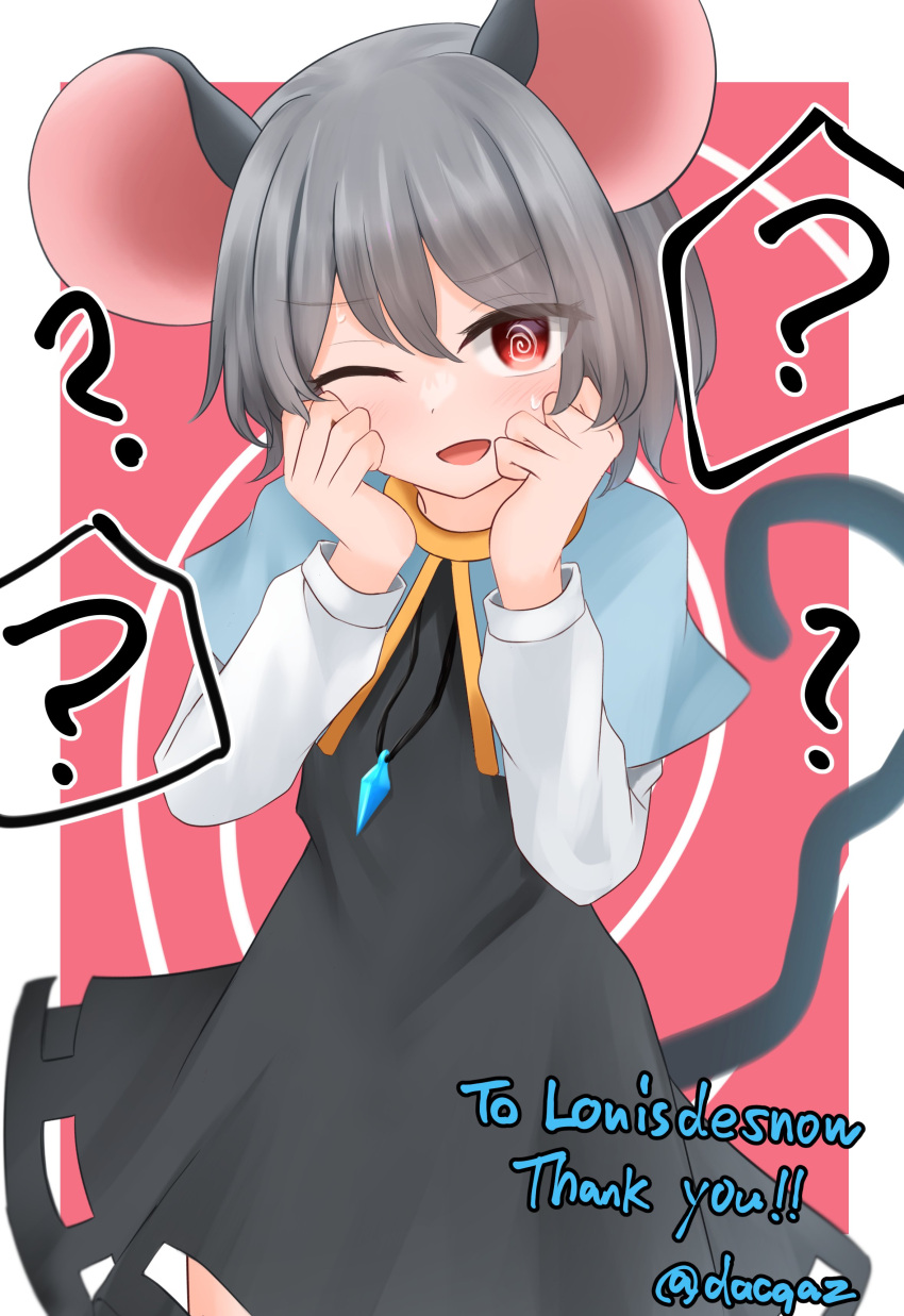1girl ? @_@ absurdres animal_ears black_dress blue_capelet blush border capelet commentary_request commission confused cowboy_shot dakuazu dress english_commentary eyes_visible_through_hair grey_hair grey_tail hands_on_own_cheeks hands_on_own_face hands_up highres hypnosis jewelry long_sleeves looking_at_viewer mind_control mixed-language_commentary mouse_ears mouse_girl mouse_tail nazrin one_eye_closed open_mouth outside_border pendant pink_background red_eyes second-party_source shirt short_hair skeb_commission solo split_mouth standing sweatdrop tail tail_raised thank_you touhou white_border white_shirt