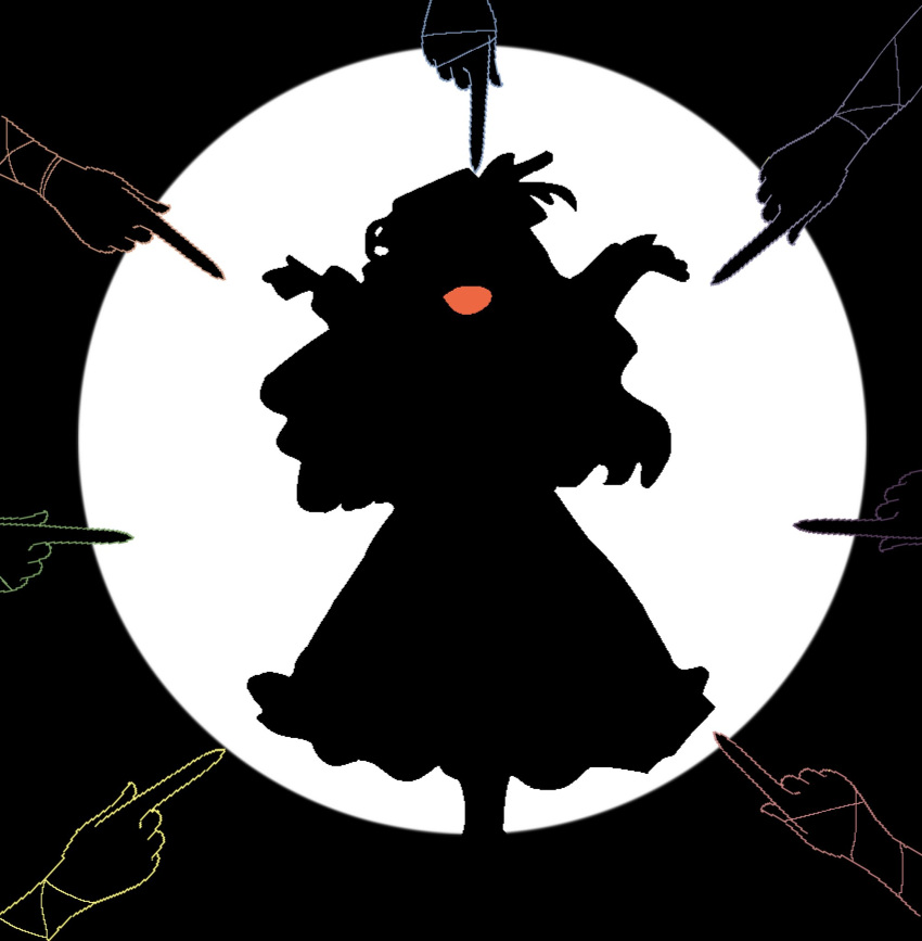 1girl 6+boys commentary_request dolls_in_pseudo_paradise dress fedora hat highres jacket_girl_(dipp) konpeitou_011 limited_palette long_hair long_sleeves multiple_boys open_mouth pointing silhouette standing touhou very_long_hair