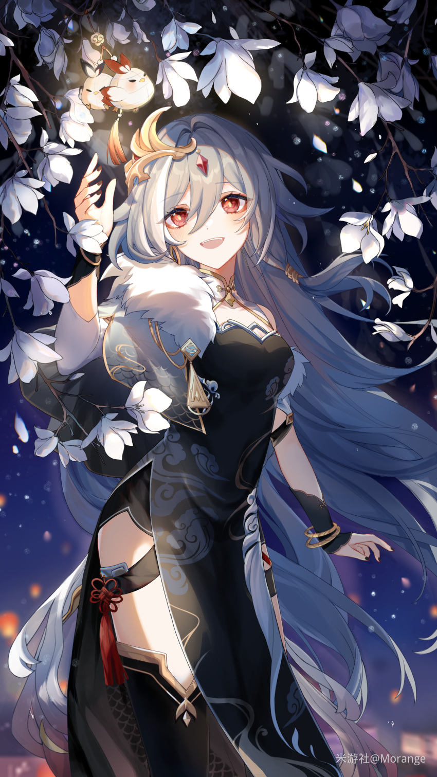 1girl absurdres alternate_costume artist_name asymmetrical_clothes black_dress black_nails black_thighhighs branch capelet chinese_commentary dress eyeliner flower fu_hua fu_hua_(herrscher_of_sentience) fur-trimmed_capelet fur_trim grey_hair hair_between_eyes hair_ornament hand_up highres honkai_(series) honkai_impact_3rd jewelry jingwei_(bird) long_hair looking_at_object makeup mangzhi_yaoyao multicolored_hair night open_mouth red_eyeliner red_eyes side_slit single_sleeve sleeveless sleeveless_dress solo streaked_hair tassel thighhighs thighs tree white_flower white_hair white_sleeves yellow_pupils