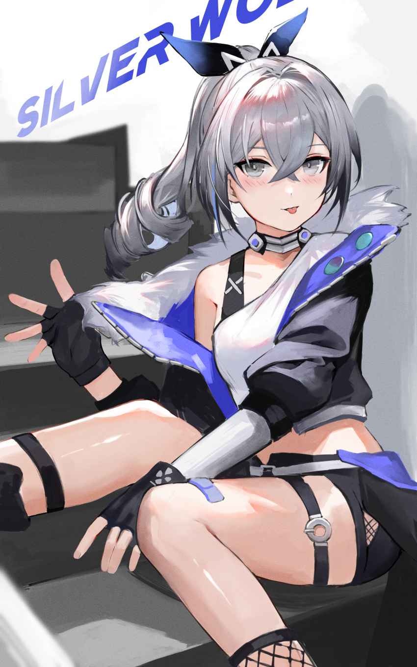 1girl :p absurdres black_gloves black_jacket black_shorts bra_strap character_name commentary_request crop_top fingerless_gloves gloves grey_eyes grey_hair hair_ribbon highres honkai:_star_rail honkai_(series) jacket long_hair looking_at_viewer midriff ponytail ribbon s_4ik4 shirt short_shorts shorts silver_wolf_(honkai:_star_rail) single-shoulder_shirt single_bare_shoulder sitting solo thigh_strap thighs tongue tongue_out white_shirt