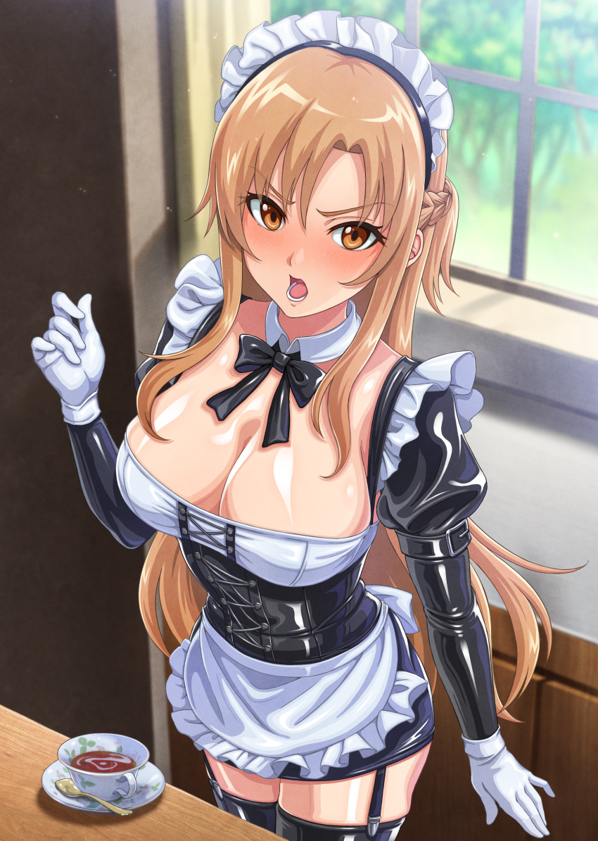1girl absurdres apron asuna_(sao) black_dress black_garter_straps black_thighhighs blush breasts brown_eyes brown_hair cleavage cup dress garter_straps gegegeteikoku gloves highres indoors large_breasts long_hair long_sleeves looking_at_viewer lower_teeth_only maid maid_apron maid_headdress open_mouth plate puffy_long_sleeves puffy_sleeves solo spoon standing sword_art_online tea teacup teeth thighhighs tongue very_long_hair white_gloves window