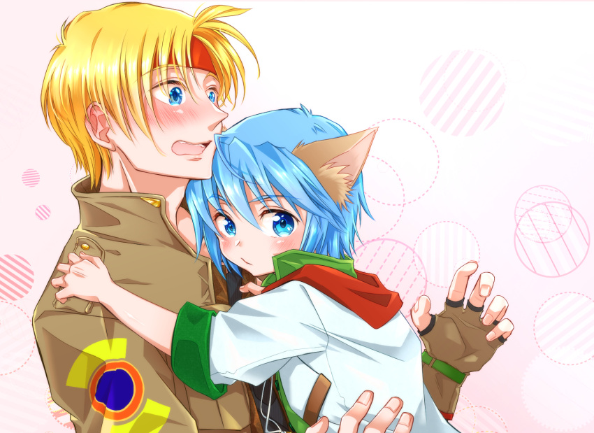 19670615t 2boys animal_ears blonde_hair blue_eyes blue_hair cat_ears claude_kenni closed_mouth gloves headband highres jacket lab_coat leon_geeste male_focus multiple_boys open_mouth short_hair star_ocean star_ocean_the_second_story