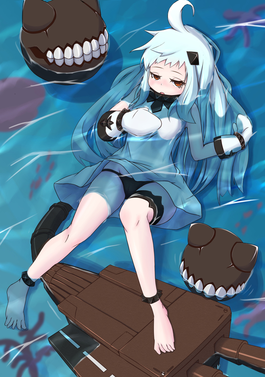 ahoge anklet barefoot black_panties brown_eyes cannon collar dress enemy_aircraft_(kantai_collection) groin highres horns jewelry kantai_collection long_hair mittens northern_ocean_hime open_mouth pale_skin panties partially_submerged shinako shinkaisei-kan solo spiked_collar spikes underwear white_dress white_hair