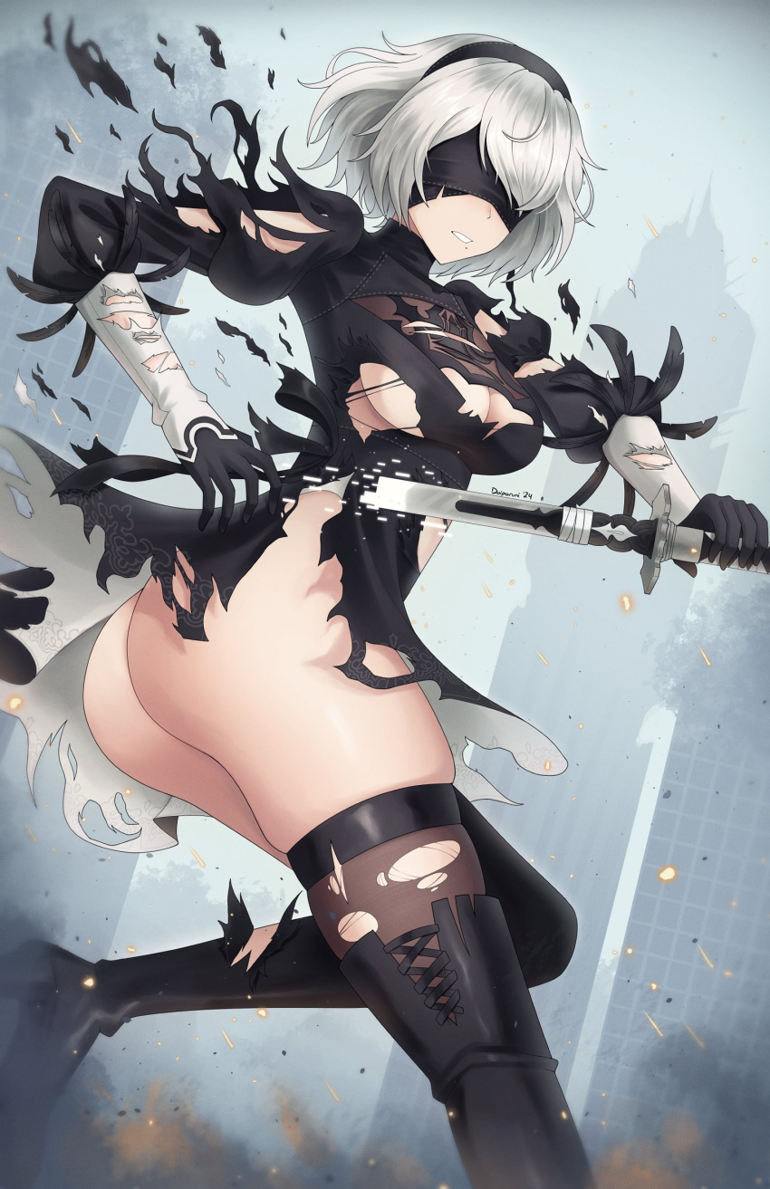 1girl 2b_(nier:automata) artist_name ass black_blindfold black_dress black_hairband black_thighhighs blindfold boots breasts building clothing_cutout covered_eyes doiparuni dress feather-trimmed_sleeves fog gloves hairband highres juliet_sleeves large_breasts long_sleeves mole mole_under_mouth nier:automata nier_(series) puffy_sleeves short_hair skyscraper solo thighhighs torn_clothes white_hair