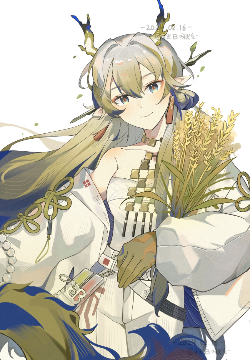 1girl arknights bare_shoulders beads blonde_hair blue_hair blue_horns chana_tuya_(ohmycrystal) chinese_commentary closed_mouth colored_skin commentary_request cowboy_shot dated dragon_girl dragon_horns earrings green_eyes grey_hair grey_horns hair_between_eyes highres holding holding_plant horns jacket jewelry long_hair long_sleeves looking_at_viewer multicolored_hair necklace off_shoulder open_clothes open_jacket orange_pupils pants plant pointy_ears sheaf shu_(arknights) simple_background smile solo standing strapless tube_top watermark wheat white_background white_jacket white_pants white_tube_top yellow_horns