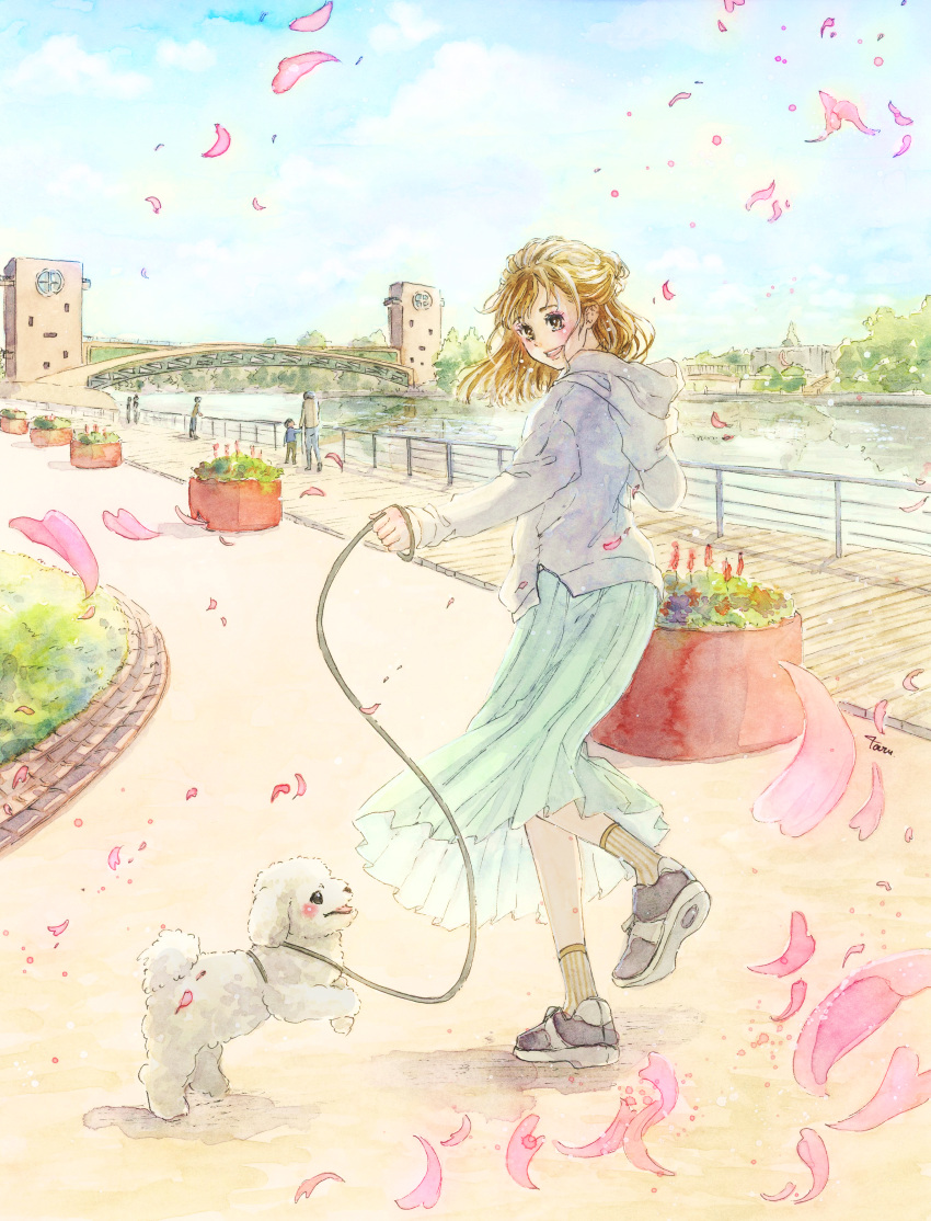 1girl 5others :d absurdres animal black_footwear blue_skirt blue_sky bridge brown_eyes brown_hair brown_socks building cloud colored_shoe_soles commentary_request commission day dog english_commentary european_architecture flower full_body grass grey_hoodie hanasaki_taru highres holding holding_leash hood hood_down hoodie leash leg_up long_sleeves looking_at_viewer looking_to_the_side medium_hair mixed-language_commentary multiple_others open_mouth original outdoors painting_(medium) people petals plant planter pleated_skirt railing red_flower river road round_window shoes signature skeb_commission skirt sky smile socks solo_focus standing standing_on_one_leg street traditional_media two-tone_footwear watercolor_(medium) white_dog white_footwear wind window