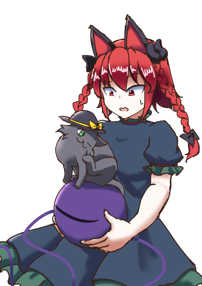 1girl absurdres animal_ears black_dress black_headwear braid cat cat_ears cat_girl commentary_request dress green_eyes highres kaenbyou_rin komeiji_koishi komeiji_koishi_(cat) one-hour_drawing_challenge open_mouth red_eyes short_sleeves side_braids simple_background sweatdrop third_eye touhou twin_braids umiudon178 white_background