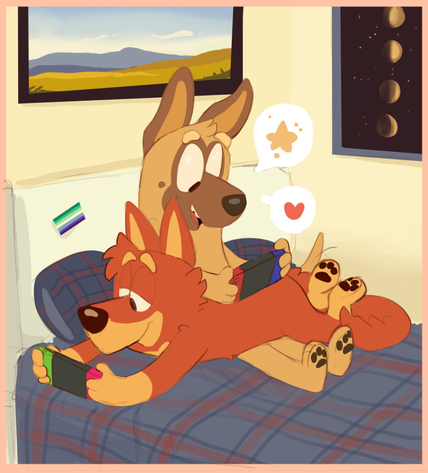 3_fingers 3_toes anthro bed bedding bedroom blanket blue_blanket blue_pillow brown_body brown_fur canid canine canis celtic_mythology controller digger_(bluey) domestic_dog duo european_mythology feet field fingers framed_picture fur furniture game_controller great_dane half-closed_eyes hi_res kelpie lgbt_pride lying male male/male mammal mastiff molosser moon mouth_closed mythological_creature mythological_equine mythology narrowed_eyes nintendo nintendo_controller nintendo_switch on_bed on_front open_mouth pawpads pillow pride_colors red_body red_fur shaibey sitting sitting_on_bed sky smile space speech_bubble star teeth tiny_c_(bluey) toes yellow_wall