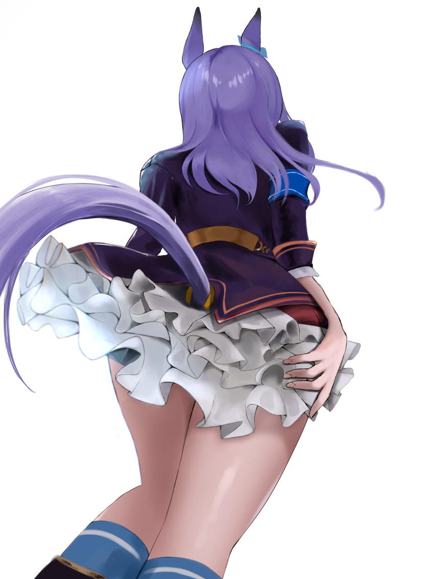 1girl absurdres animal_ears aqua_bow aqua_socks black_footwear black_jacket boots bow coat commentary ear_bow feet_out_of_frame frilled_coat frills from_behind highres horse_ears horse_girl horse_tail jacket long_hair long_sleeves mejiro_mcqueen_(umamusume) petticoat purple_hair simple_background socks solo tail tail_through_clothes umainu_2002 umamusume white_background