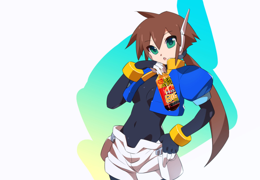 1girl aile_(mega_man_zx) black_bodysuit bodysuit bottle breasts brown_hair covered_navel cropped_jacket drink green_eyes holding holding_bottle holding_drink jacket kaidou_zx long_hair mega_man_(series) mega_man_zx mega_man_zx_advent open_clothes open_jacket open_mouth ponytail robot_ears shorts simple_background small_breasts soda_bottle solo white_background white_shorts