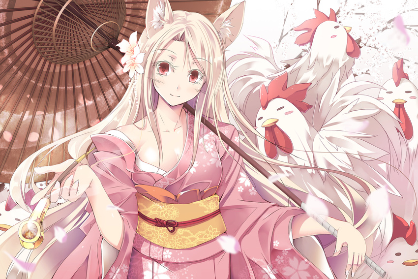 animal animal_ears bird chicken chinese_zodiac collarbone highres holding holding_pipe japanese_clothes kimono kiseru light_smile long_hair looking_at_viewer oriental_umbrella original pipe red_eyes rooster satomi solo umbrella white_hair year_of_the_rooster
