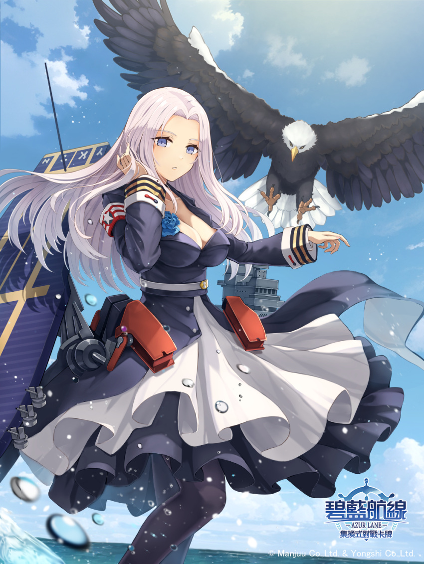1girl armband azur_lane bald_eagle bird black_dress black_pantyhose blue_eyes blue_flower blue_rose blue_sky breasts choker cleavage cloud collarbone commentary_request day dress eagle flight_deck flower highres hoshizaki_reita large_breasts logo long_hair long_sleeves looking_at_viewer low_neckline ocean official_art outdoors pantyhose parted_bangs parted_lips rigging rose sky standing very_long_hair white_hair yorktown_(azur_lane)