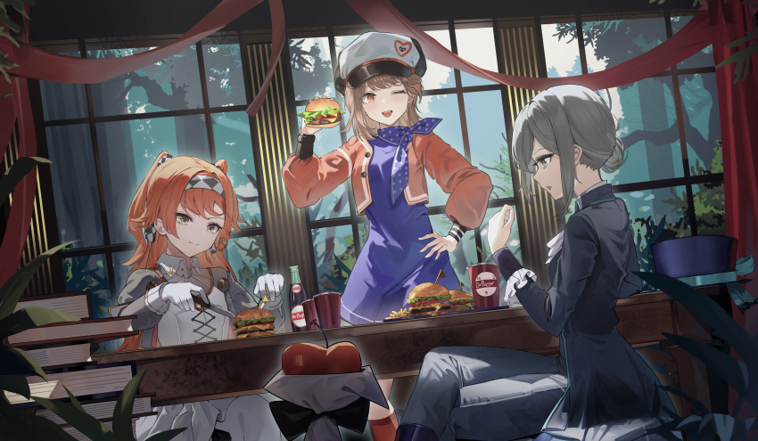 :d absurdres blue_neckerchief boater_hat book book_stack bottle brown_eyes brown_hair burger cabbie_hat checkered_hairband cheese closed_mouth crossed_legs cup fast_food food gloves grey_eyes grey_hair grey_sleeves hair_bun hat high_collar highres holding holding_food holding_knife knife lettuce maanu medium_hair neckerchief one_eye_closed open_mouth orange_hair polka_dot_neckerchief record_jacket regulus_(reverse:1999) reverse:1999 sesame_seeds single_side_bun sitting smile soda sonetto_(reverse:1999) tomato tomato_slice top_hat tree vertin_(reverse:1999) waistcoat white_gloves window yellow_eyes