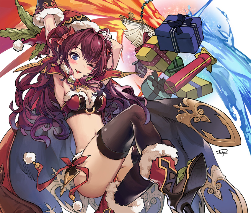 :3 ahoge armpits arms_up black_gloves black_legwear blue_eyes blush boots box breasts brown_hair cape clarisse_(granblue_fantasy) clarisse_(granblue_fantasy)_(cosplay) commentary_request cosplay gift gift_box gloves granblue_fantasy hat high_heel_boots high_heels ichinose_shiki idolmaster idolmaster_cinderella_girls jehyun long_hair medium_breasts navel one_eye_closed santa_hat skirt smile solo thighhighs twintails