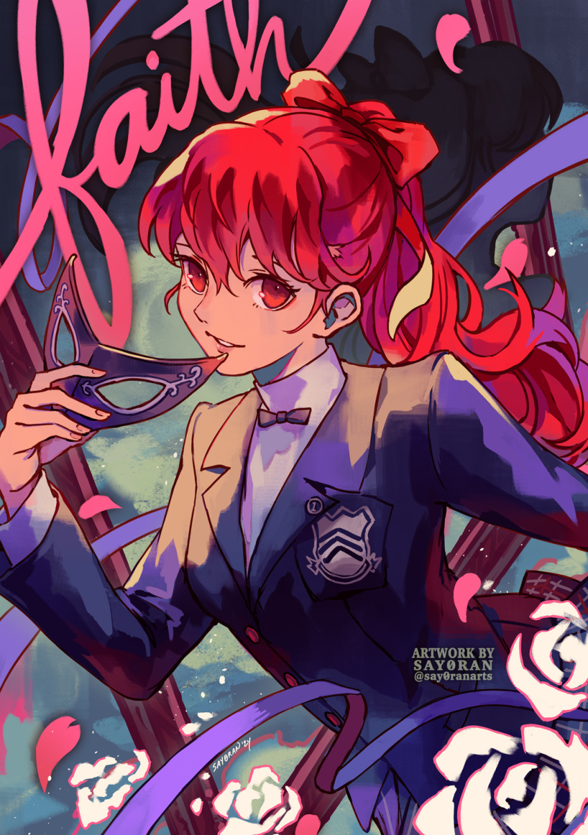 1girl artist_name black_bow black_bowtie black_suit bow bowtie commentary eyelashes flower hair_bow highres long_hair mask persona persona_5 persona_5_the_royal petals red_bow red_eyes red_hair say0ran smile solo suit teeth twitter_username unworn_mask white_flower yoshizawa_kasumi