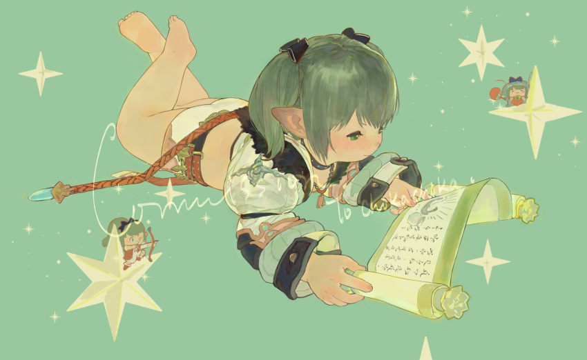 1girl ass barefoot character_request commission crop_top crossed_ankles final_fantasy final_fantasy_xiv full_body green_eyes green_hair highres holding holding_scroll koubayouniao lalafell lying mini_person on_stomach panties pointy_ears scroll short_twintails star_(symbol) twintails underwear white_panties