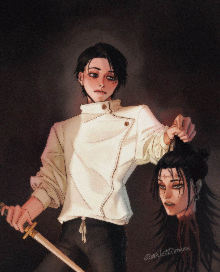 2boys artist_name black_background black_hair black_pants commentary david_and_goliath_(caravaggio) decapitation derivative_work ear_piercing english_commentary getou_suguru gojou_satoru guro highres holding holding_sword holding_weapon jacket jujutsu_kaisen long_hair long_sleeves looking_at_another male_focus multiple_boys okkotsu_yuuta pants parted_lips piercing plug_(piercing) scar scar_on_face scar_on_forehead scarlettismm short_hair sword weapon white_jacket