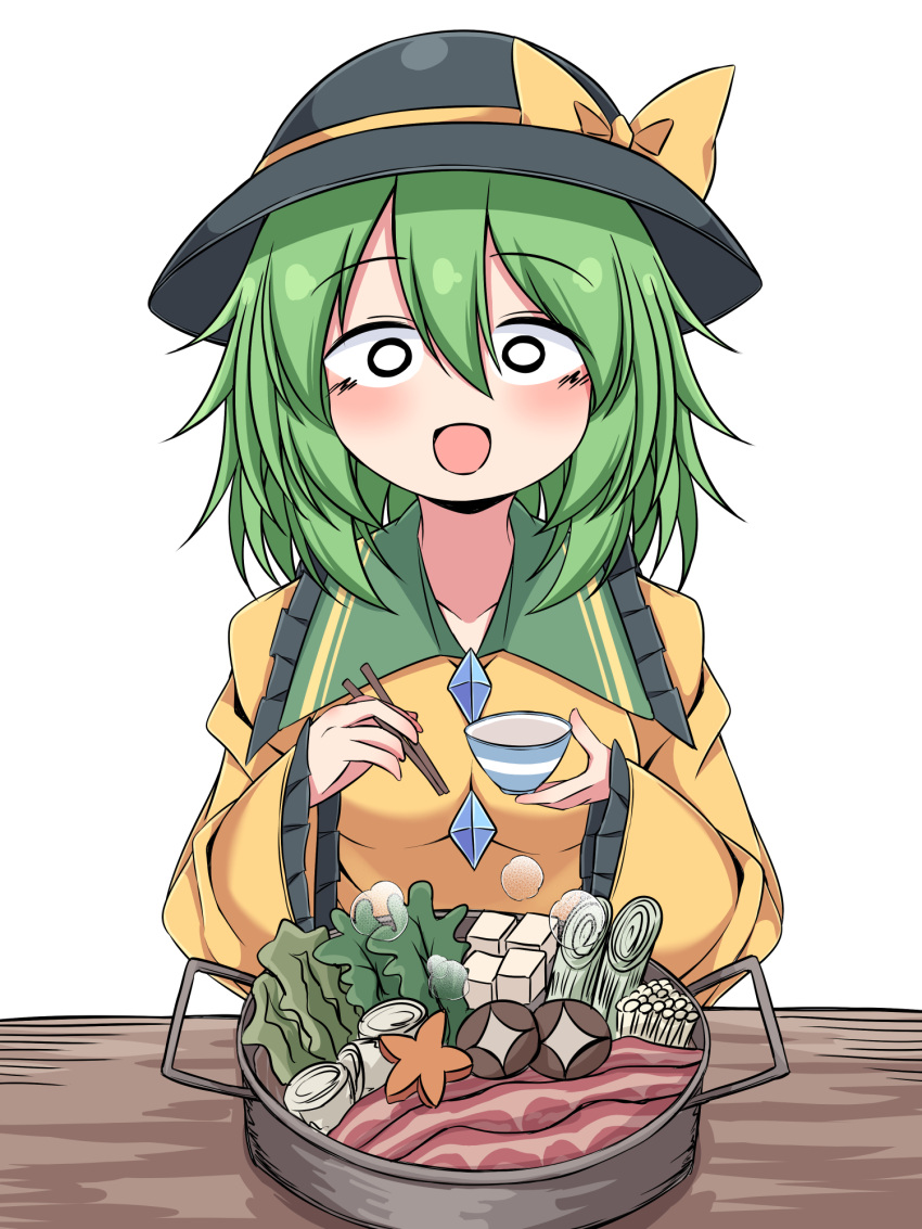 1girl :d blouse blush bow breasts buttons diamond_button eating excited food frilled_shirt frilled_sleeves frills green_hair hair_between_eyes hands_up hat hat_bow highres komeiji_koishi medium_breasts medium_hair o_o shirt siw0n small_breasts smile solo striped_clothes striped_shirt touhou upper_body yellow_bow