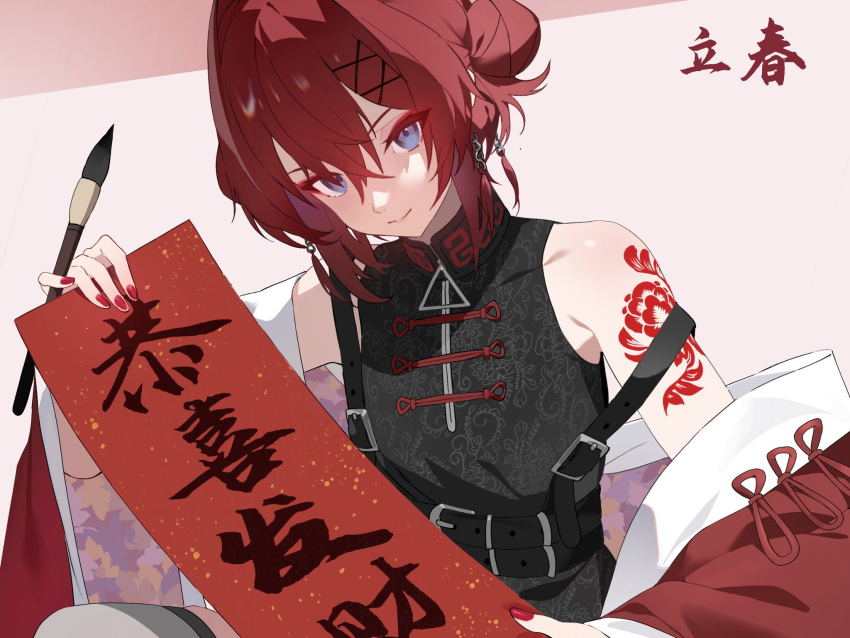 1girl ange_katrina ange_katrina_(7th_costume) arm_tattoo bare_shoulders black_dress blue_eyes closed_mouth double_bun dress hair_between_eyes hair_bun highres holding holding_paintbrush jacket kamitoge_supino looking_at_viewer nijisanji off_shoulder paintbrush red_eyes red_jacket sleeveless sleeveless_dress smile solo tattoo translation_request virtual_youtuber