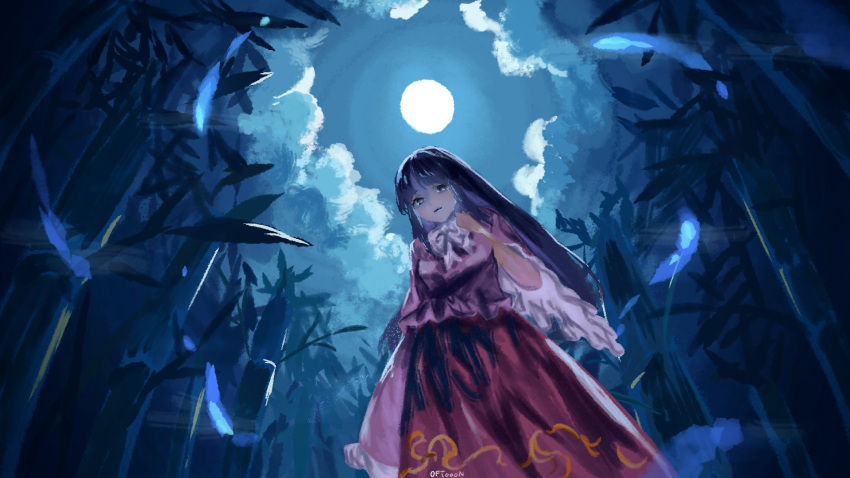 1girl artist_name bamboo black_eyes black_hair cloud frilled_shirt_collar frilled_sleeves frills from_below full_moon highres hime_cut houraisan_kaguya long_hair long_skirt looking_at_viewer moon night night_sky oftooon parted_lips pink_shirt red_skirt shirt signature skirt sky solo standing touhou