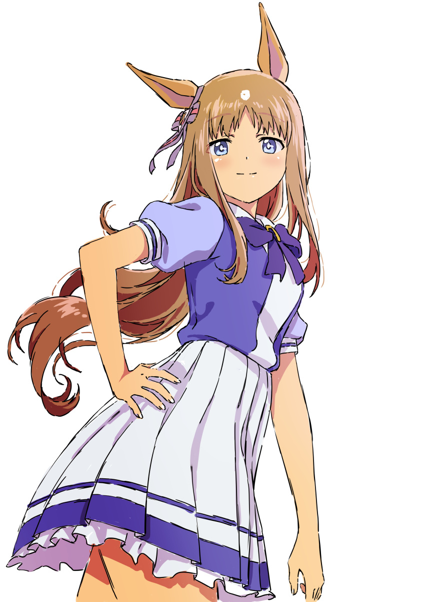 1girl absurdres animal_ears bare_arms blue_eyes bow bowtie brown_hair closed_mouth ear_ribbon grass_wonder_(umamusume) hand_on_own_hip highres horse_ears horse_girl light_smile long_hair looking_at_viewer mugi0913 pleated_skirt purple_bow purple_bowtie purple_shirt school_uniform shirt short_sleeves simple_background skirt smile solo standing tracen_school_uniform umamusume white_background white_skirt