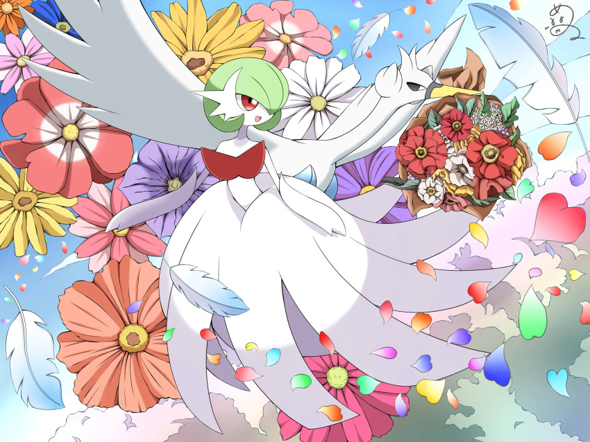 absurdres bird bob_cut bouquet colored_skin dress elbow_gloves falling_petals floral_background flower gardevoir gloves green_hair highres mega_gardevoir mega_pokemon open_mouth petals pokemon pokemon_(creature) shabana_may signature smile swanna white_dress white_gloves white_skin