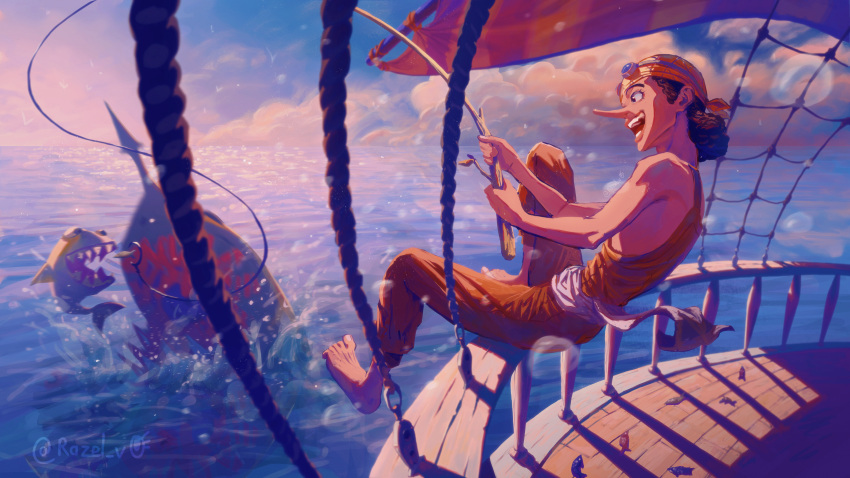 1boy absurdres barefoot black_hair blue_background cloud dusk fishing fishing_rod from_side happy highres inktober long_nose male_focus nose ocean one_piece open_mouth overalls razel_v0 scenery ship short_hair sky smile sunlight teeth usopp watercraft