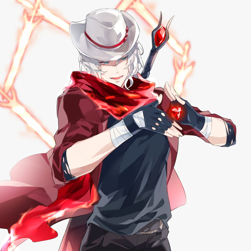 1boy bishounen black_gloves blue_eyes coat cowboy cowboy_hat devil_may_cry_(series) devil_may_cry_5 fingerless_gloves gloves hat highres holding long_hair male_focus shigu_dmc simple_background smile solo white_hair