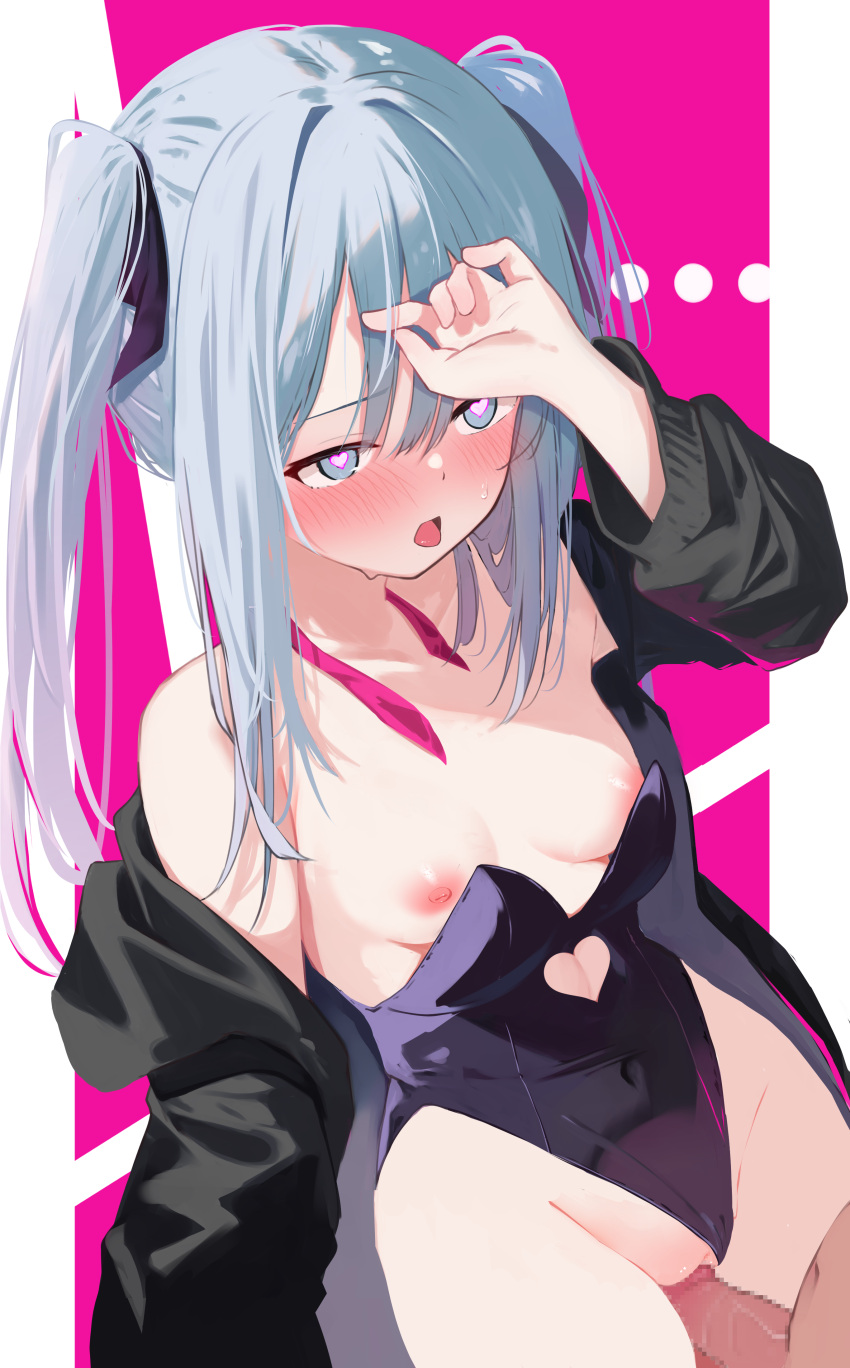 ... 1boy 1girl absurdres aqua_hair bare_shoulders black_jacket black_leotard blue_eyes blush breasts cleavage clothing_cutout covered_navel hatsune_miku heart_cutout hetero highres jacket large_breasts leotard long_sleeves looking_to_the_side memekko nipples open_mouth pantyhose penis pink_background playboy_bunny rabbit_hole_(vocaloid) solo_focus sweat tongue tongue_out twintails two-tone_background vocaloid