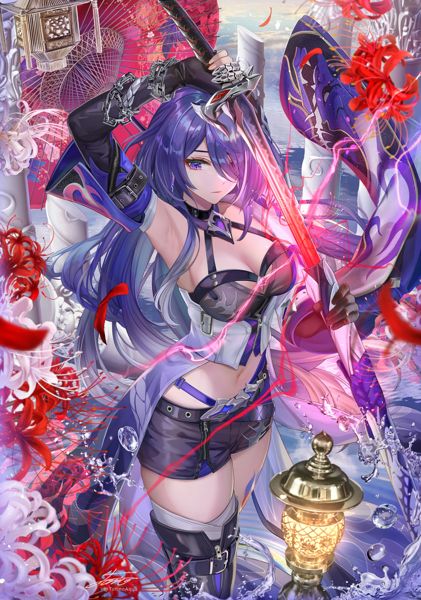 1girl acheron_(honkai:_star_rail) arm_up armpits black_gloves black_shorts blue_eyes blue_hair boots breasts cleavage commentary_request crop_top detached_sleeves flower gloves hair_over_one_eye highres holding holding_sword holding_weapon honkai:_star_rail honkai_(series) katana lantern large_breasts long_hair looking_to_the_side navel oil-paper_umbrella oil_lamp sheath shorts single_glove single_thigh_boot solo spider_lily stomach sword thigh_boots thighs torino_aqua umbrella unsheathing waist_cape water_drop weapon