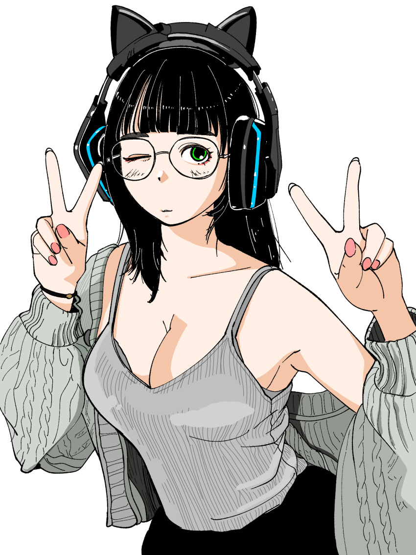 1girl animal_ear_headphones animal_ears animification black_hair black_skirt bracelet breasts camisole cardigan cat_ear_headphones cleavage collarbone double_v fake_animal_ears glasses grey_camisole grey_cardigan headphones highres jewelry long_hair looking_at_viewer medium_breasts off_shoulder pink_nails real_life sakamoto_giulietta shinonome_umi simple_background skirt upper_body v white_background