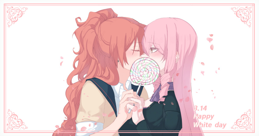 2girls aaaaddddd absurdres akuma_no_riddle black_dress blush brown_shirt candy closed_eyes commentary dress drill_hair earrings english_text falling_petals food from_side highres holding holding_candy holding_food holding_hands inukai_isuke jewelry kiss lollipop long_hair looking_at_another multiple_girls orange_eyes petals pink_hair ponytail purple_scarf red_hair ring sagae_haruki scarf shirt short_sleeves simple_background stud_earrings swirl_lollipop upper_body wedding_ring white_background white_day wife_and_wife yuri