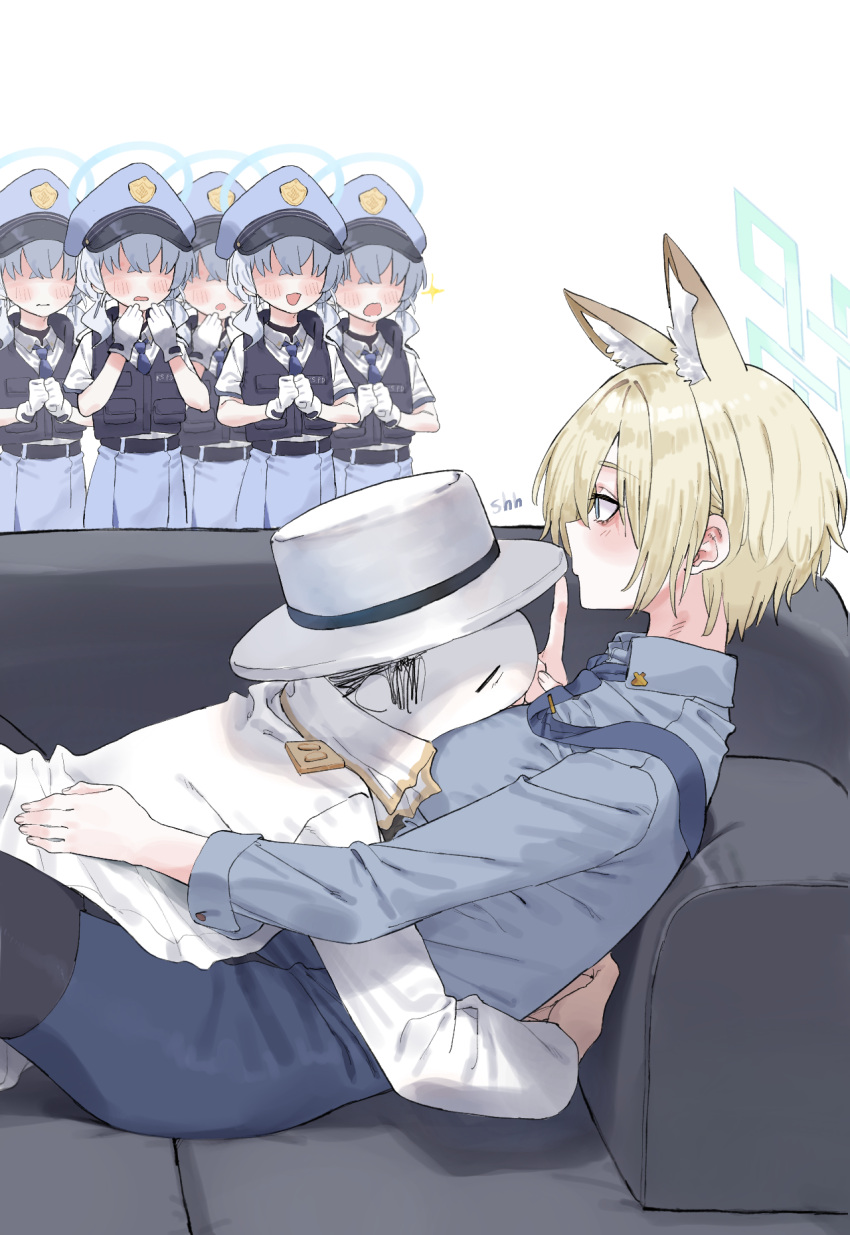 1girl animal_ear_fluff animal_ears blonde_hair blue_archive blue_halo blush breasts collared_shirt couch doodle_sensei_(blue_archive) finger_to_mouth halo hat highres hug kanna_(blue_archive) kanna_(young)_(blue_archive) large_breasts long_sleeves lonklink lying necktie on_back pantyhose sensei_(blue_archive) shirt short_hair shushing skirt valkyrie_police_academy_student_(sg)_(blue_archive)