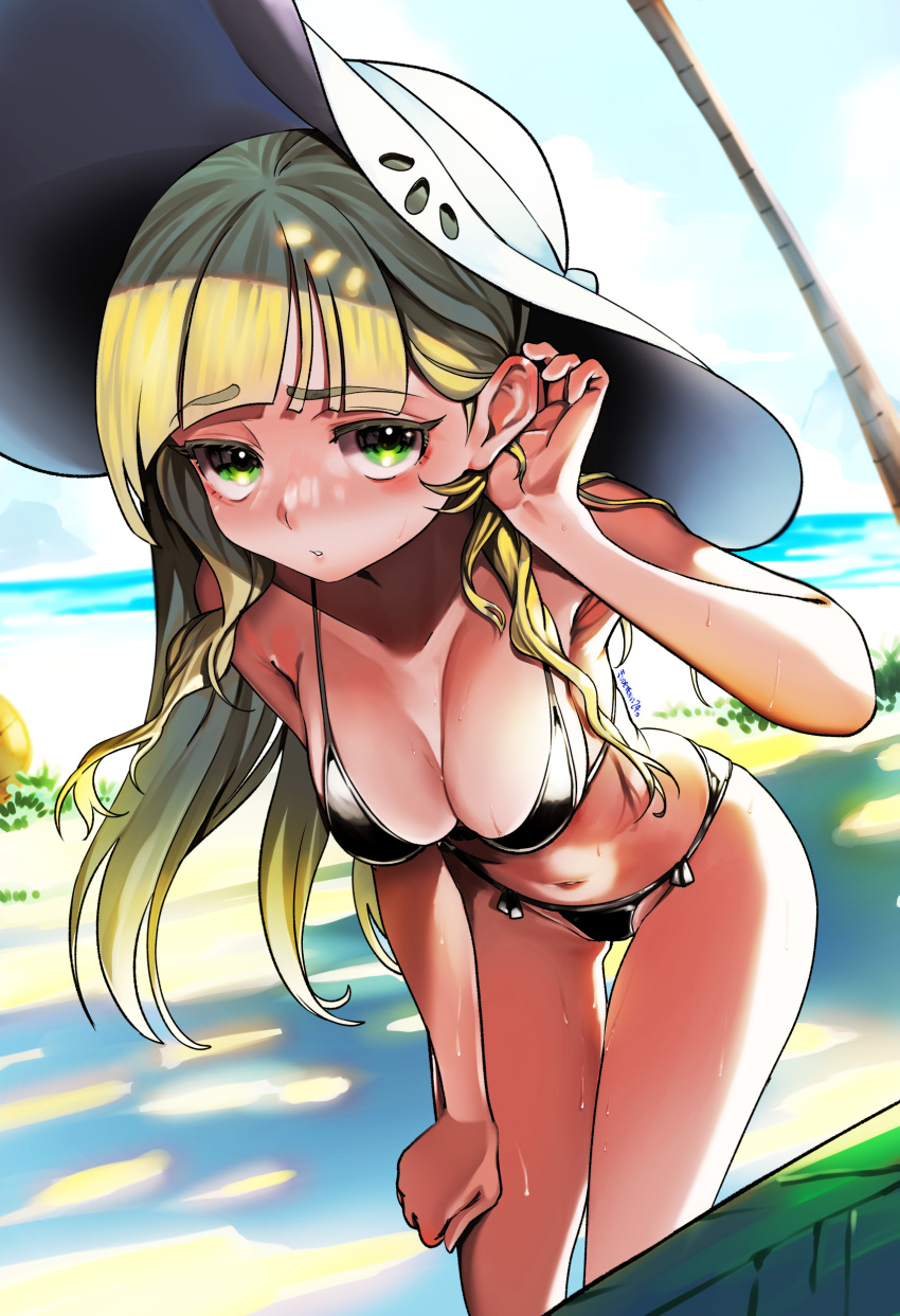 1girl absurdres adjusting_hair armpit_peek beach bent_over bikini black_bikini blonde_hair blunt_bangs blush breasts cleavage colored_eyelashes eudetenis eyelashes green_eyes hat highres legs lillie_(pokemon) long_hair looking_at_viewer medium_breasts navel ocean palm_tree pokemon pokemon_sm shiny_clothes shiny_skin shy sidelighting signature sky solo standing stomach sun_hat swimsuit thigh_gap tree water_drop wet wet_hair